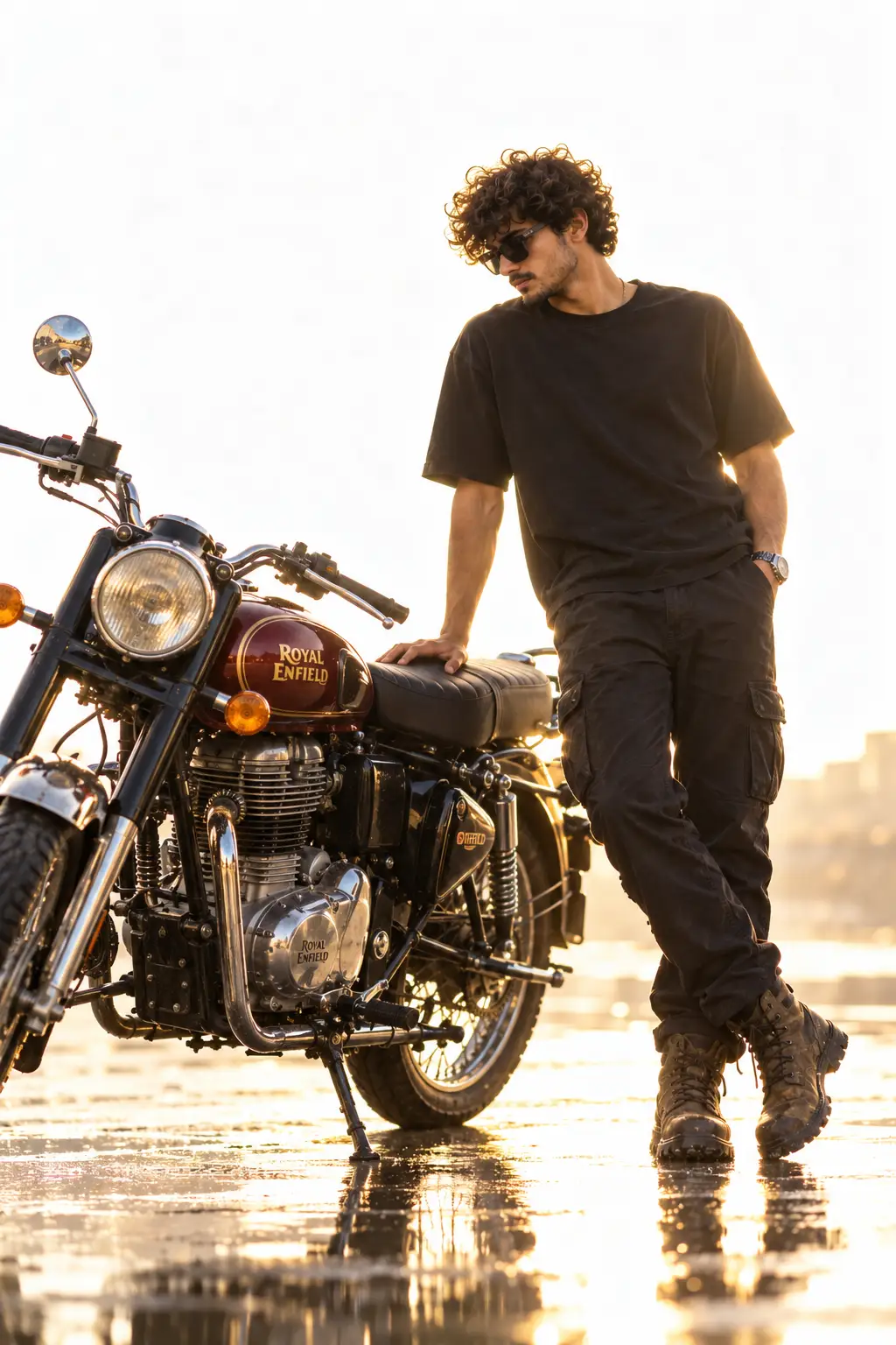 Cinematic Biker Portrait – Golden Hour — example result of this AI photo prompt