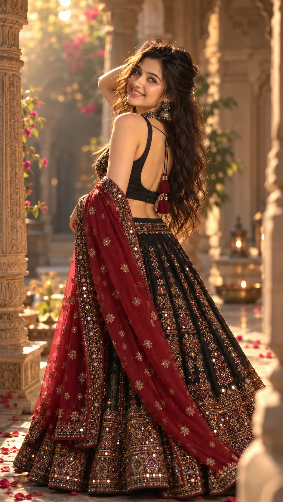 Cinematic Royal Rajasthani Lehenga Portrait | Navratri Look — AI photo created with this prompt