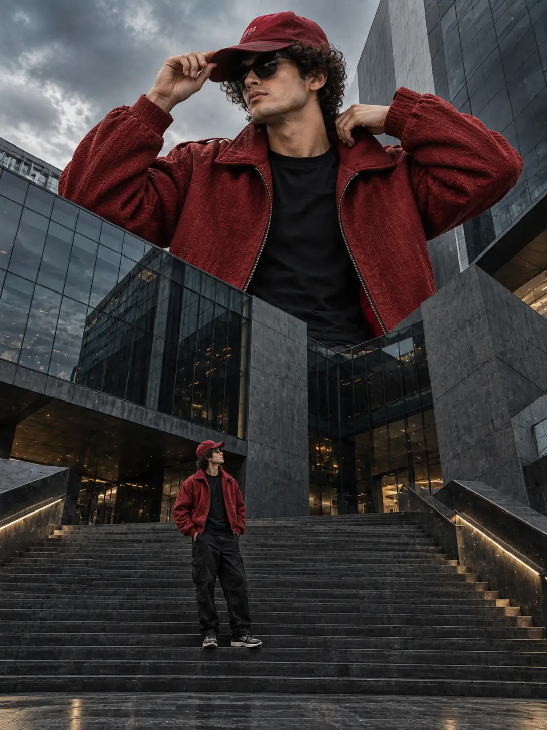 Giant Self at a Modern Glass Building | Surreal — example result of this AI photo prompt