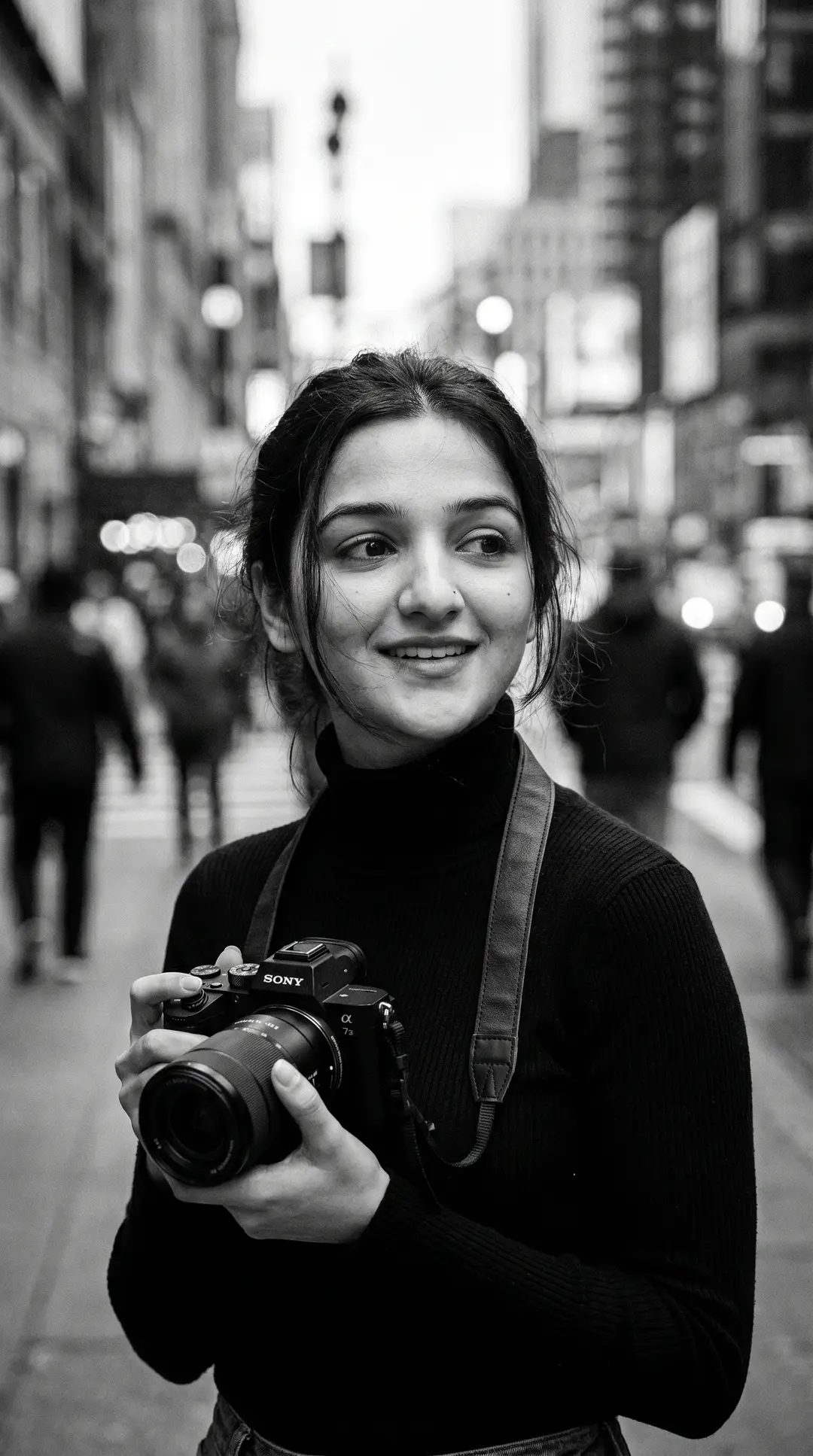 black-and-white street portrait — AI photo created with this prompt